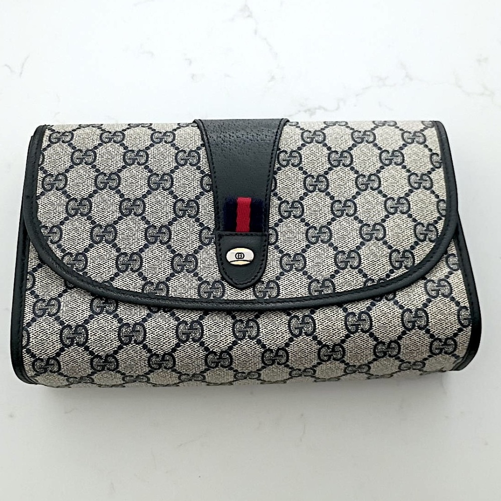 Rare GUCCI GG Supreme Sherry Line Clutch Bag PVC Navy Red (Excellent Condition)